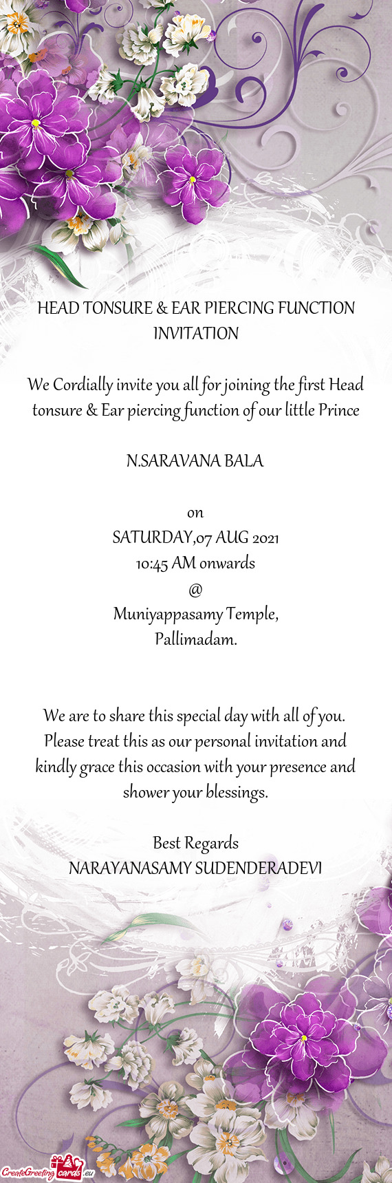 HEAD TONSURE & EAR PIERCING FUNCTION INVITATION
 
 We Cordially invite you all for joining the first