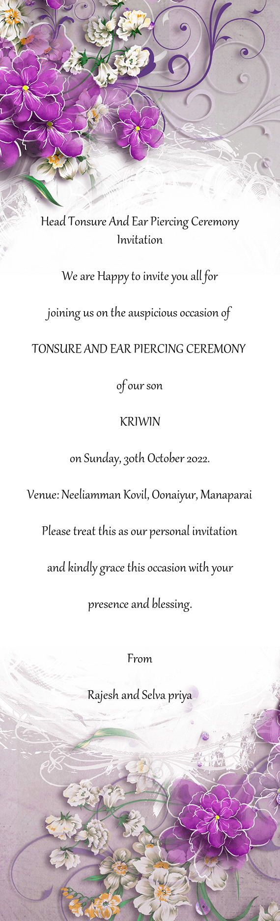 Head Tonsure And Ear Piercing Ceremony Invitation We are Happy to invite you all for joining u