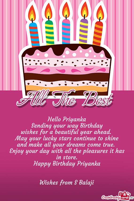 Hello Priyanka
 Sending your way Birthday 
 wishes for a beautiful year ahead