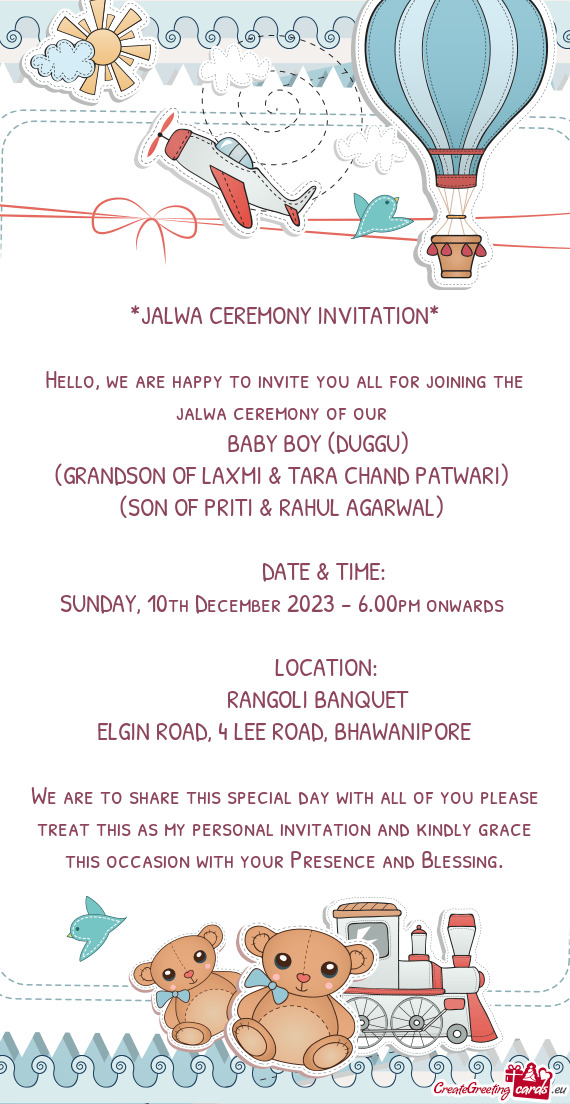 Hello, we are happy to invite you all for joining the jalwa ceremony of our