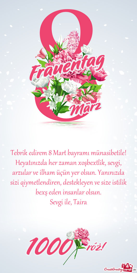 Heyatınızda her zaman xoşbextlik, sevgi, arzular ve ilham üçün yer olsun. Yanınızda sizi qiy