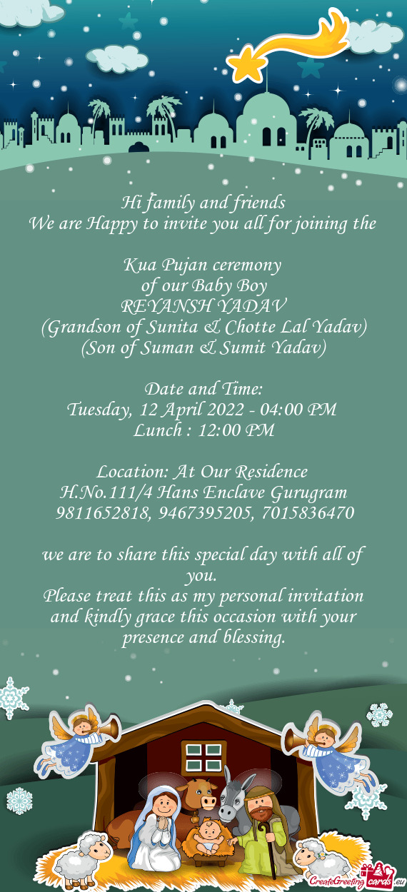 Hi family and friends We are Happy to invite you all for joining the Kua Pujan ceremony of our