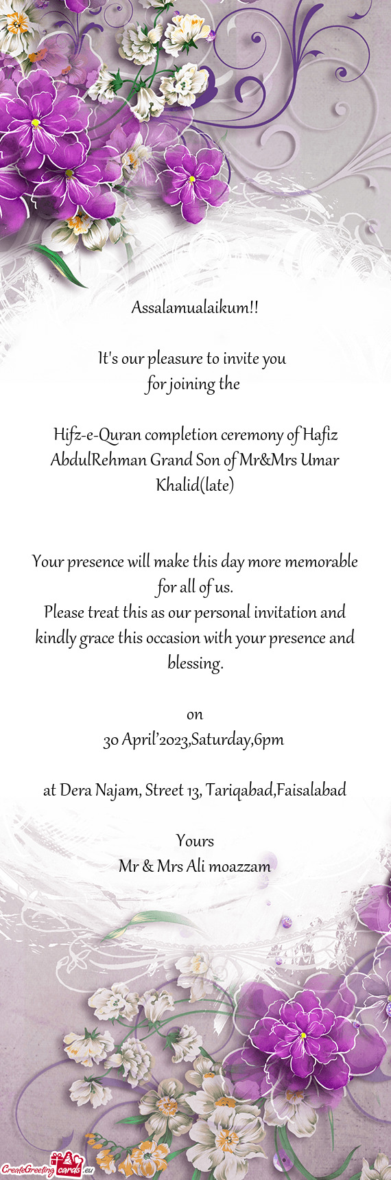 Hifz-e-Quran completion ceremony of Hafiz AbdulRehman Grand Son of Mr&Mrs Umar Khalid(late)
