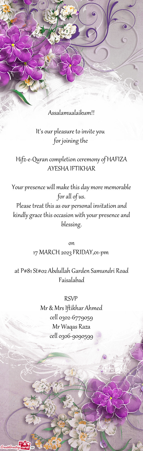 Hifz-e-Quran completion ceremony of HAFIZA AYESHA IFTIKHAR