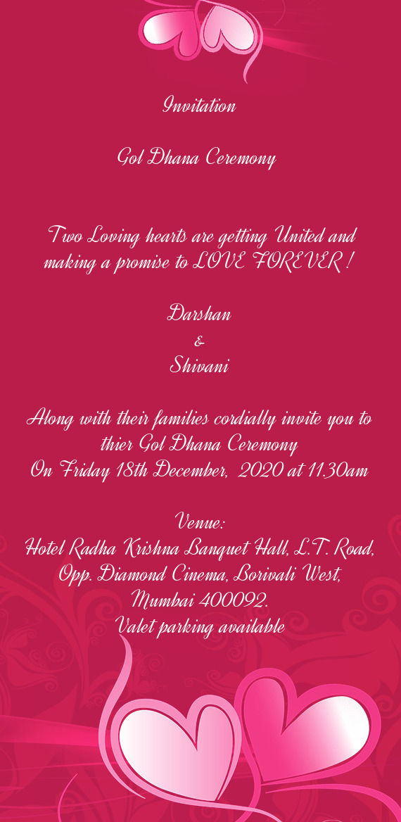 Hotel Radha Krishna Banquet Hall, L.T. Road, Opp. Diamond Cinema, Borivali West, Mumbai 400092