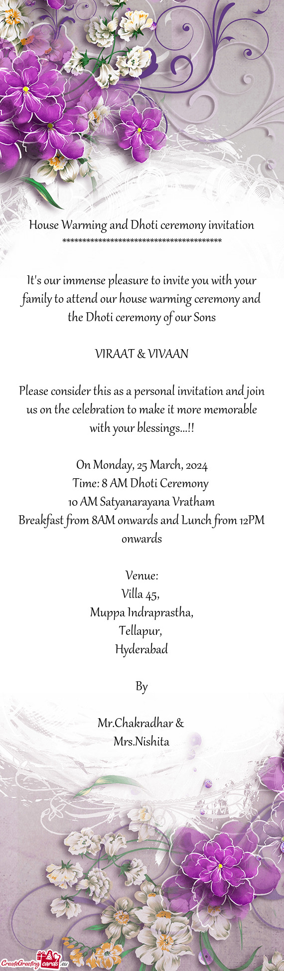 House Warming and Dhoti ceremony invitation