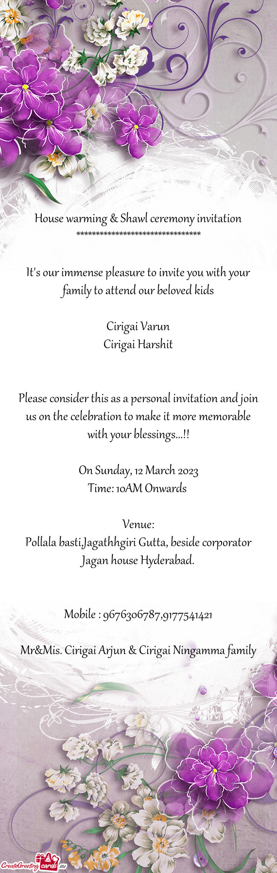 House warming & Shawl ceremony invitation