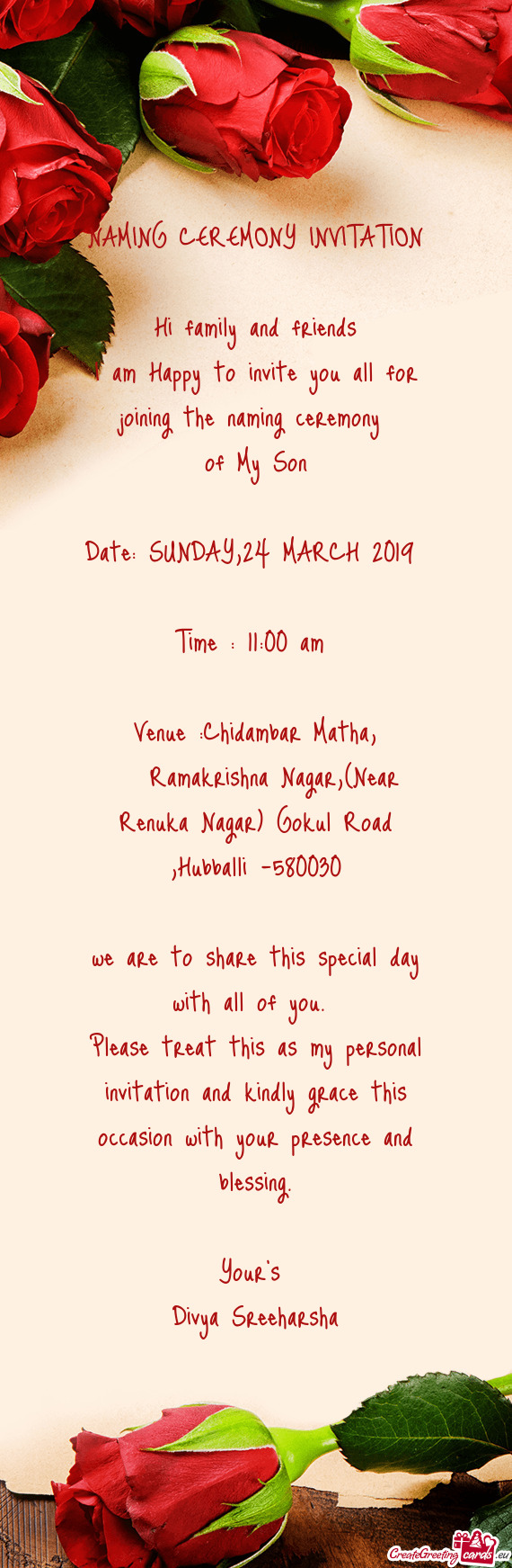 Hubballi -580030
 
 we are to share this special day with all of you