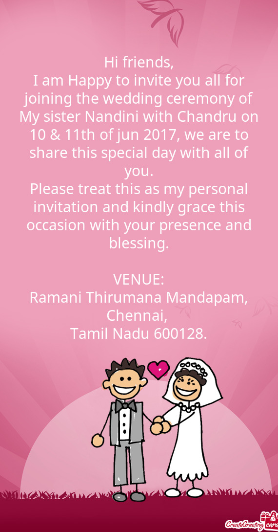 I am Happy to invite you all for joining the wedding ceremony of My sister Nandini with Chandru on 1