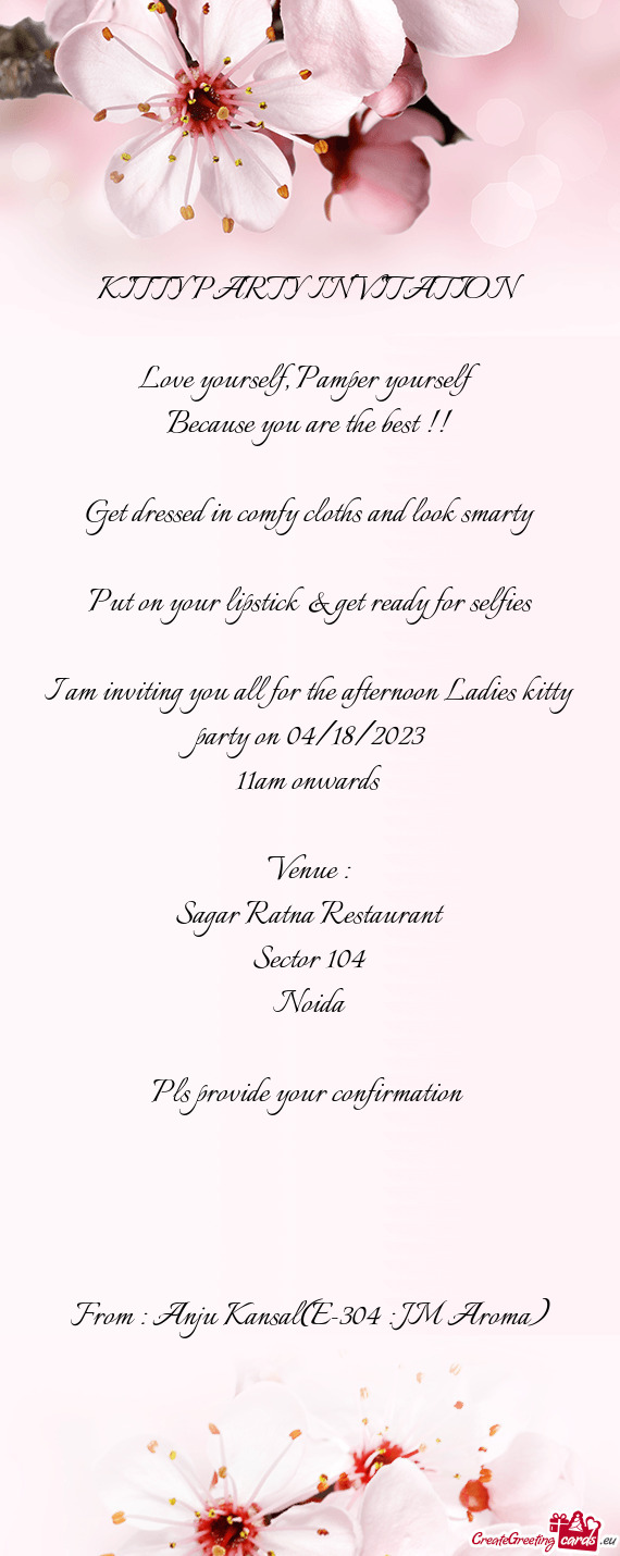 I am inviting you all for the afternoon Ladies kitty party on 04/18/2023