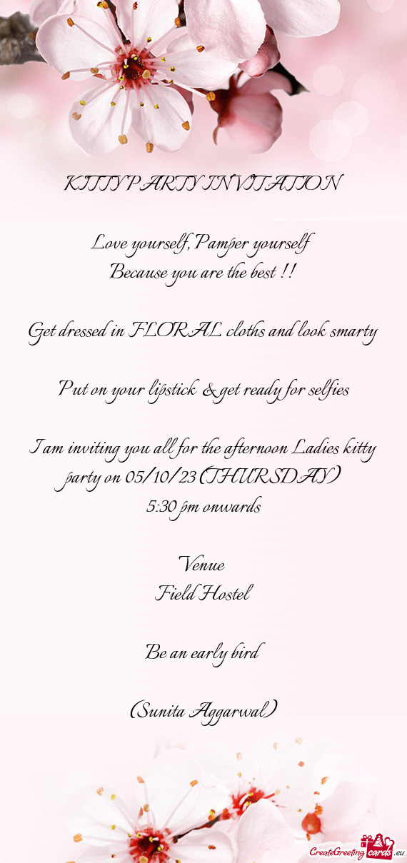 I am inviting you all for the afternoon Ladies kitty party on 05/10/23 (THURSDAY)