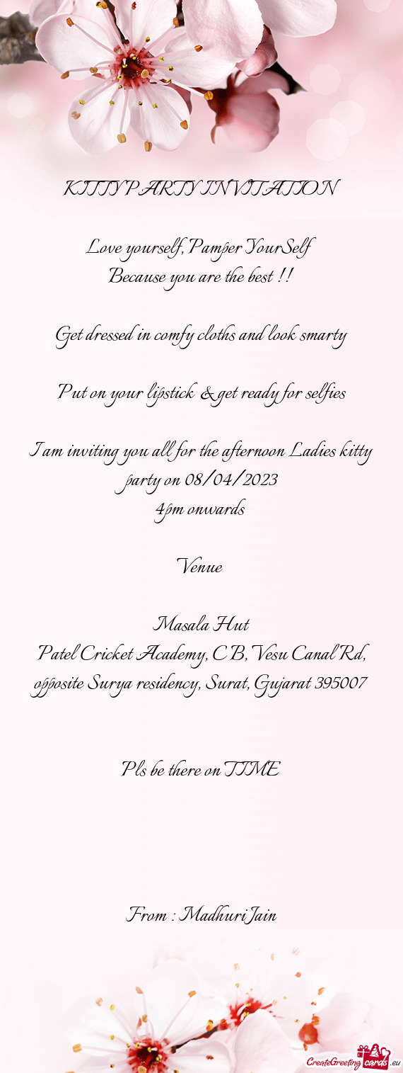 I am inviting you all for the afternoon Ladies kitty party on 08/04/2023