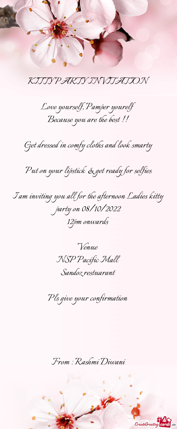 I am inviting you all for the afternoon Ladies kitty party on 08/10/2022