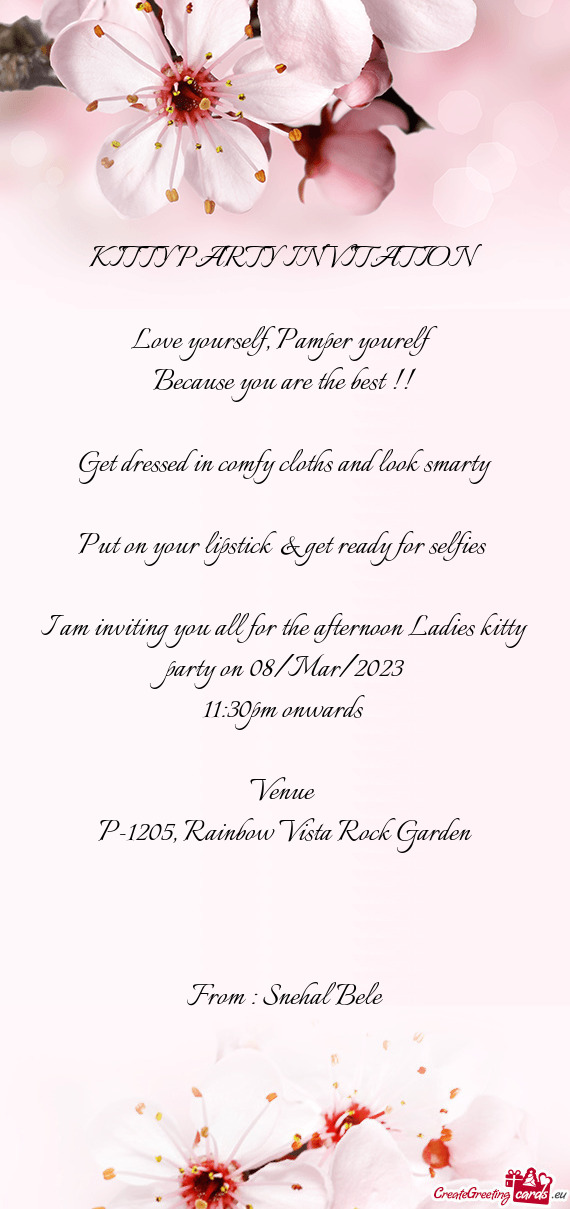I am inviting you all for the afternoon Ladies kitty party on 08/Mar/2023