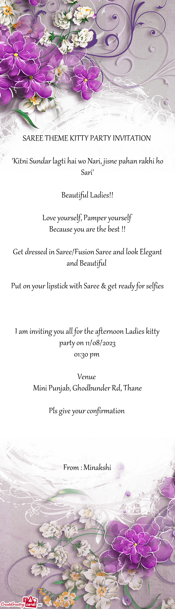 I am inviting you all for the afternoon Ladies kitty party on 11/08/2023
