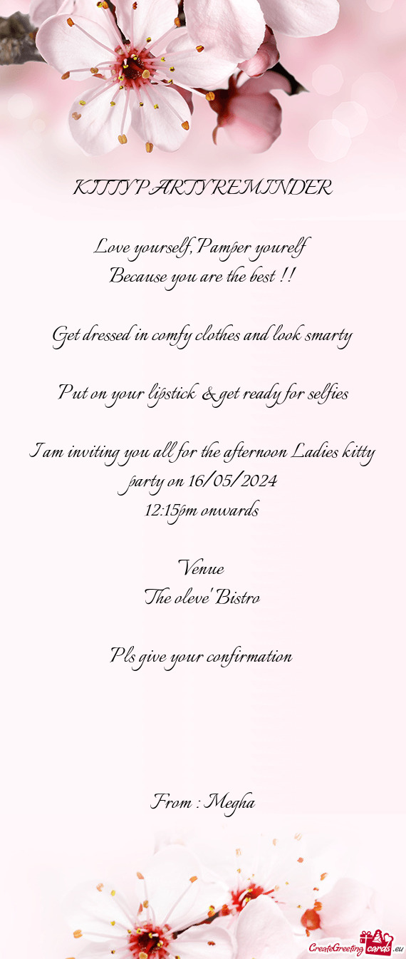 I am inviting you all for the afternoon Ladies kitty party on 16/05/2024