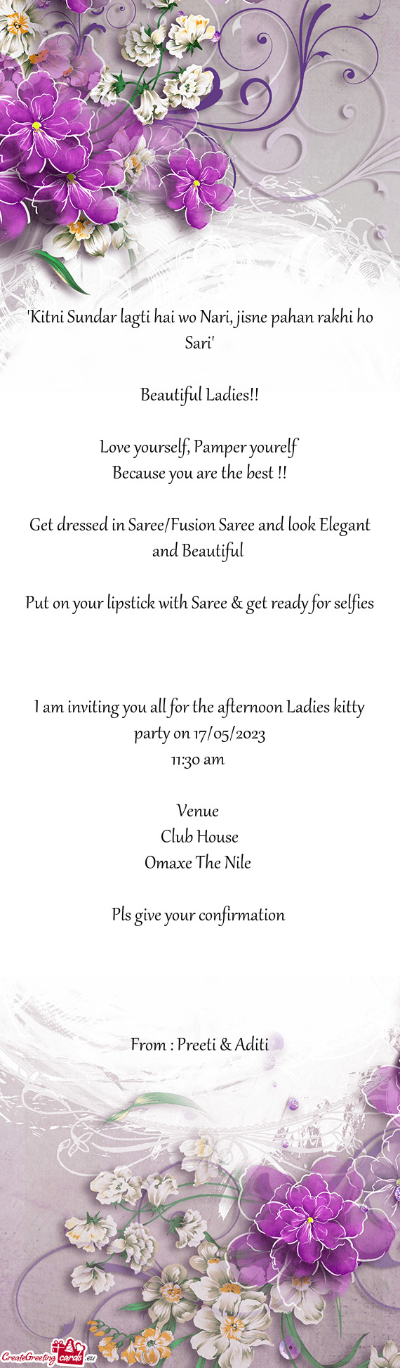 I am inviting you all for the afternoon Ladies kitty party on 17/05/2023