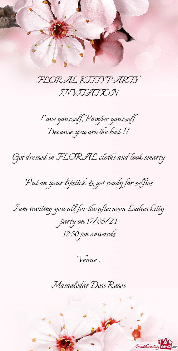I am inviting you all for the afternoon Ladies kitty party on 17/05/24