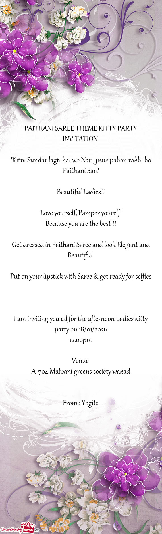 I am inviting you all for the afternoon Ladies kitty party on 18/01/2026