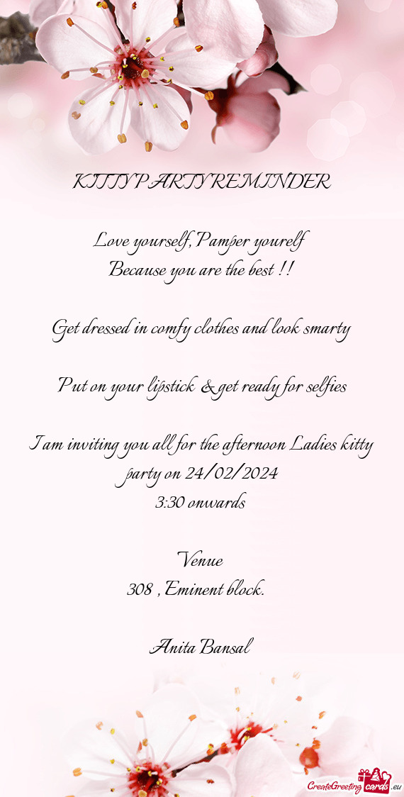 I am inviting you all for the afternoon Ladies kitty party on 24/02/2024