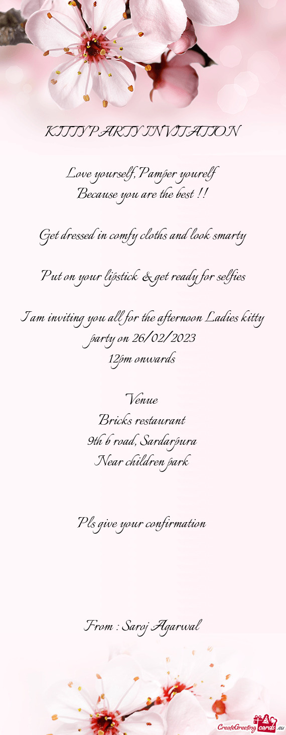 I am inviting you all for the afternoon Ladies kitty party on 26/02/2023