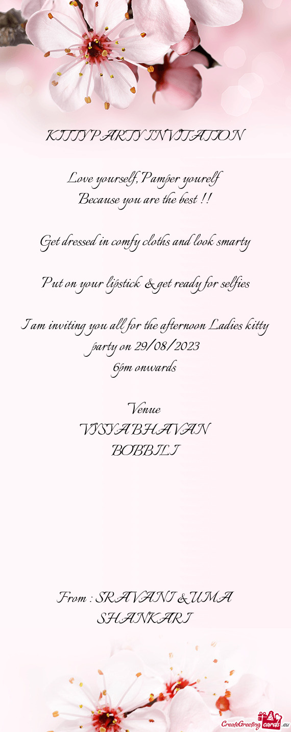 I am inviting you all for the afternoon Ladies kitty party on 29/08/2023