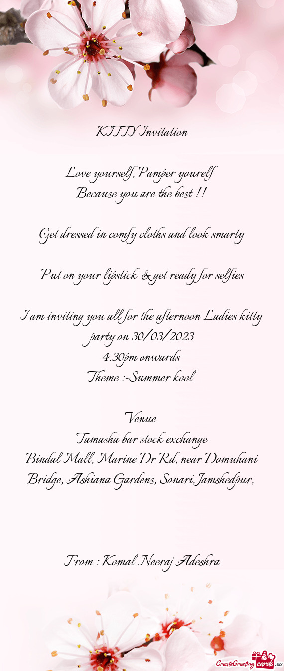 I am inviting you all for the afternoon Ladies kitty party on 30/03/2023