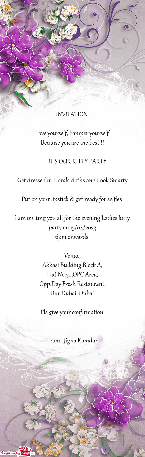 I am inviting you all for the evening Ladies kitty party on 15/04/2023