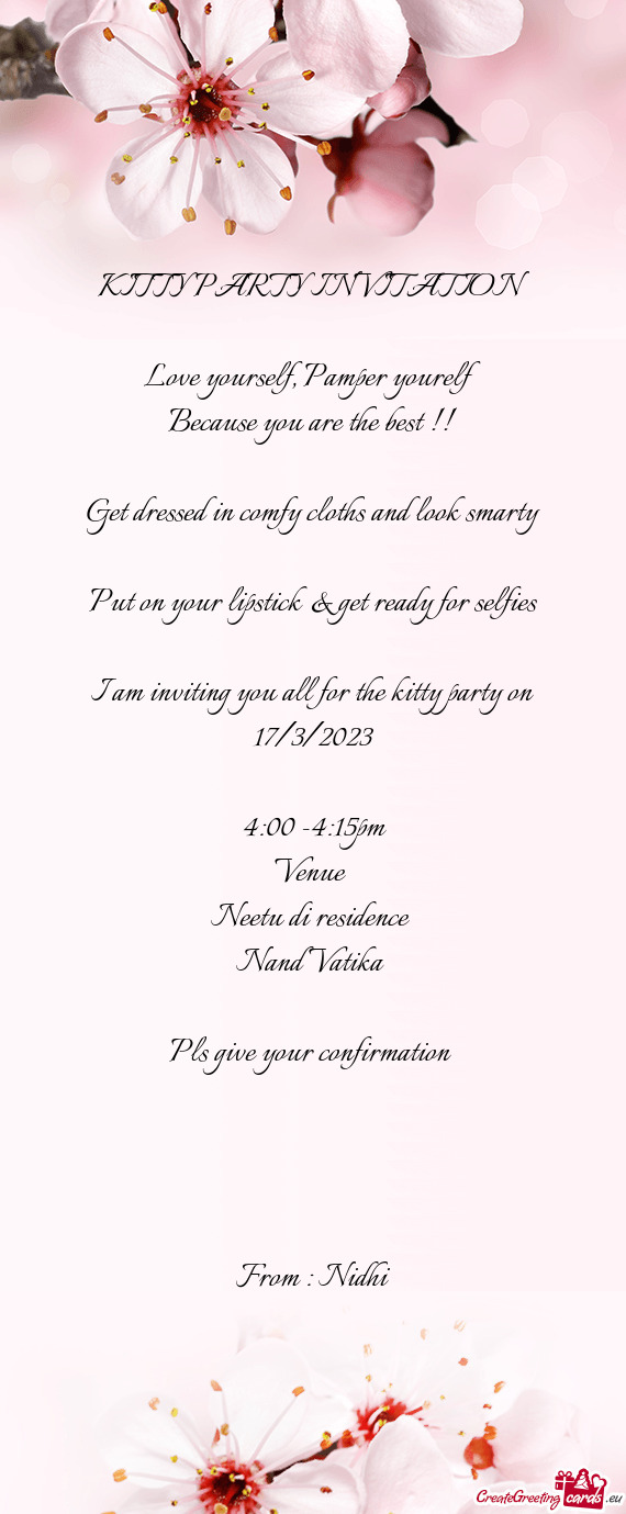 I am inviting you all for the kitty party on 17/3/2023