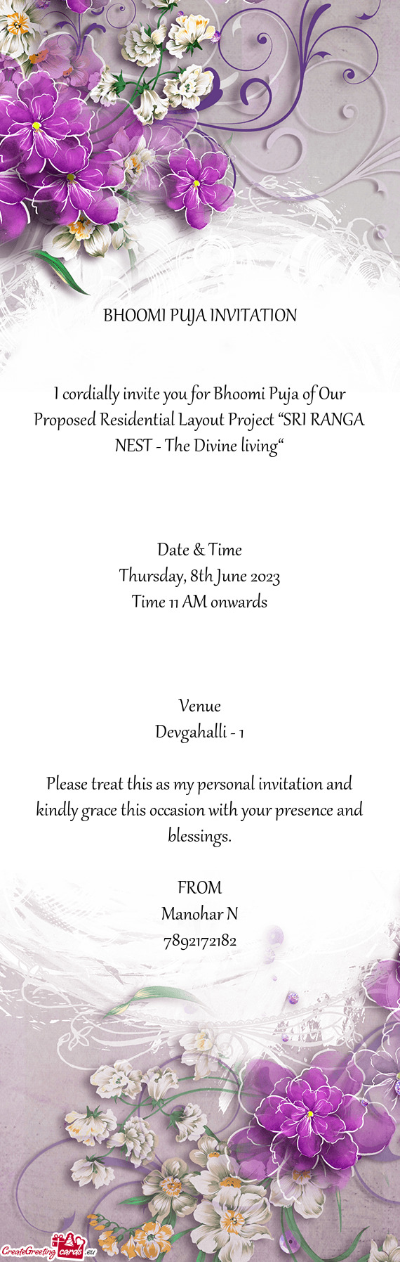 I cordially invite you for Bhoomi Puja of Our Proposed Residential Layout Project “SRI RANGA NEST