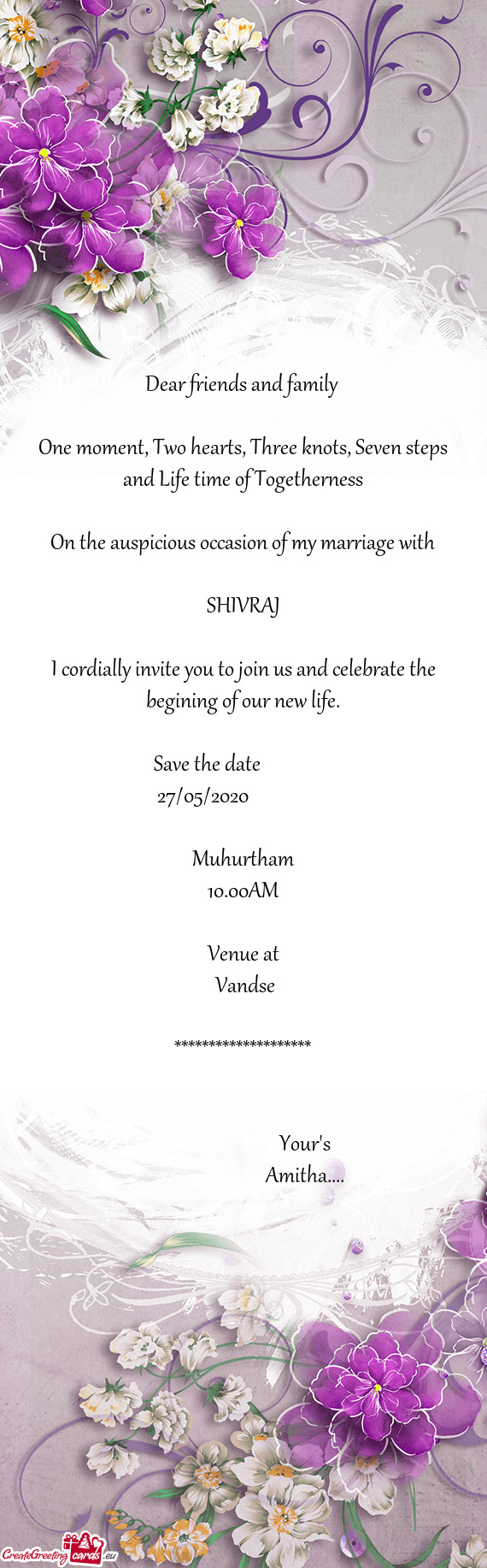 I cordially invite you to join us and celebrate the begining of our new life