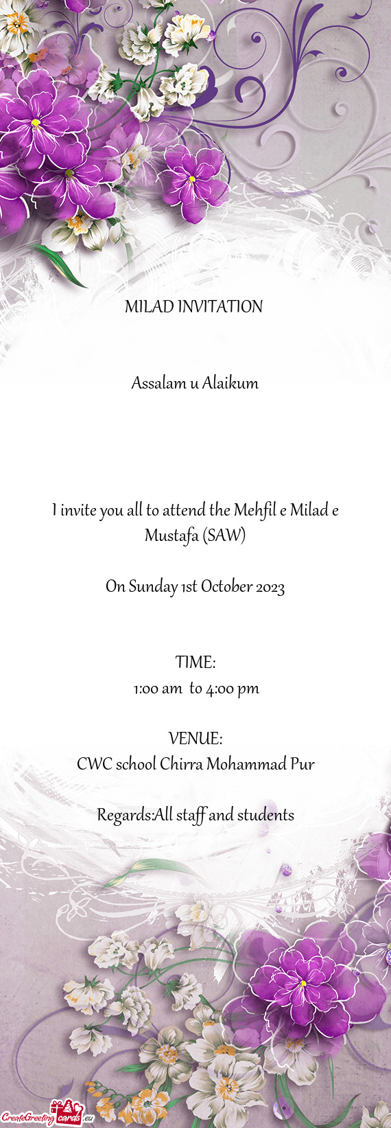 I invite you all to attend the Mehfil e Milad e Mustafa (SAW)