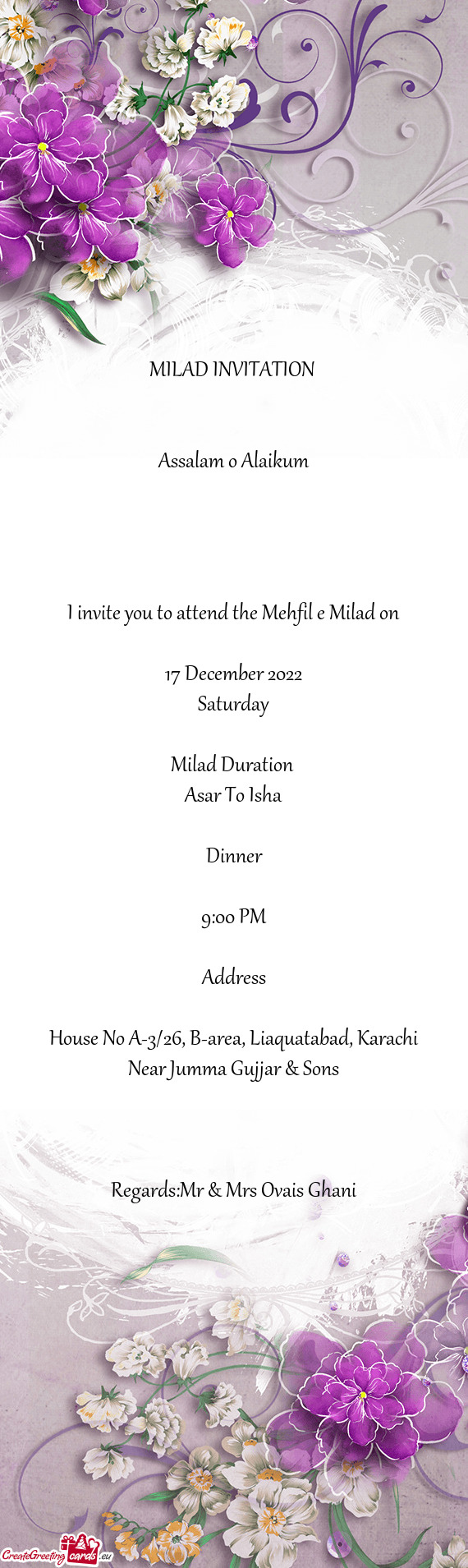 I invite you to attend the Mehfil e Milad on