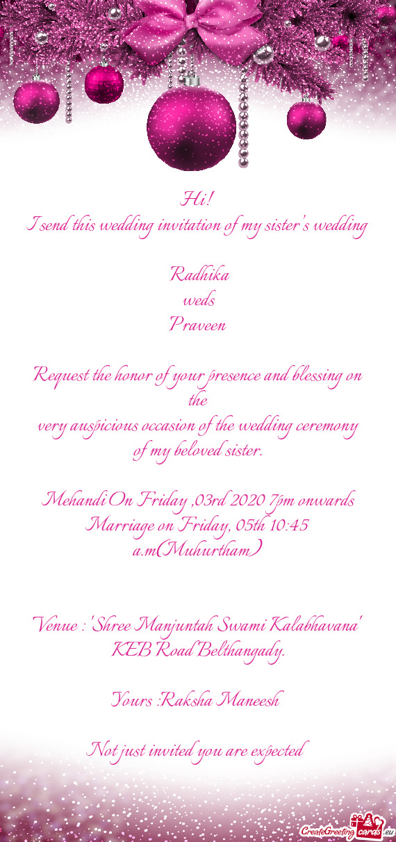 I send this wedding invitation of my sister’s wedding
