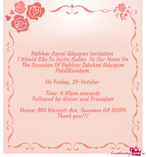 I Would Like To Invite Ladies To Our Home On The Occasion Of Vaibhav Lakshmi Udyapan HaldiKumkum