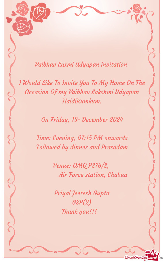 I Would Like To Invite You To My Home On The Occasion Of my Vaibhav Lakshmi Udyapan HaldiKumkum