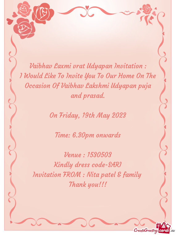 I Would Like To Invite You To Our Home On The Occasion Of Vaibhav Lakshmi Udyapan puja and prasad