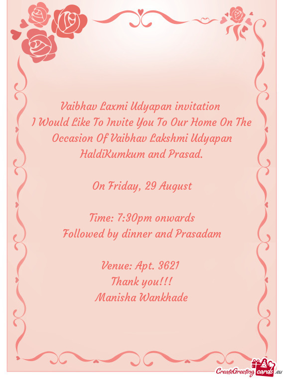 I Would Like To Invite You To Our Home On The Occasion Of Vaibhav Lakshmi Udyapan HaldiKumkum and Pr