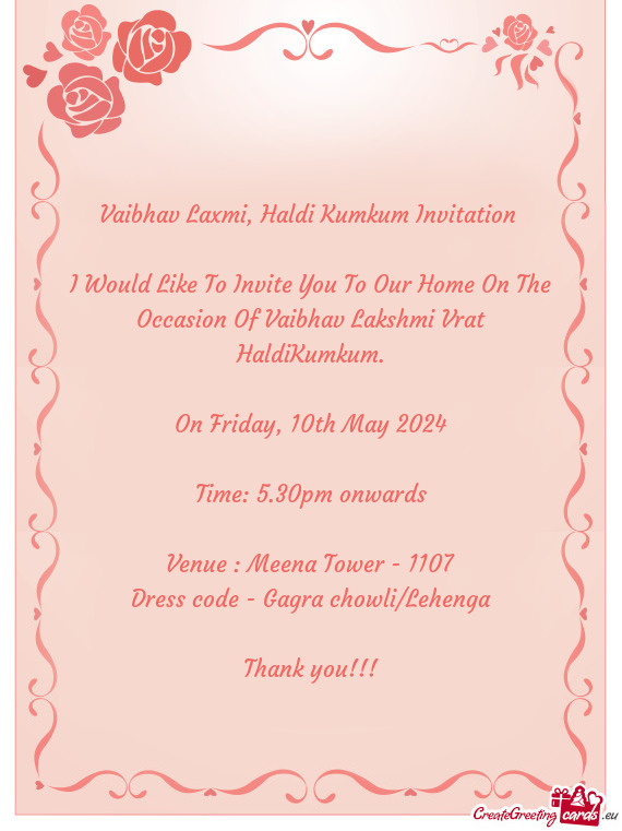 I Would Like To Invite You To Our Home On The Occasion Of Vaibhav Lakshmi Vrat HaldiKumkum
