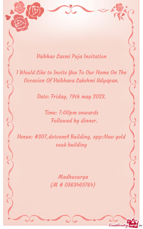 I Would Like to Invite You To Our Home On The Occasion Of Vaibhava Lakshmi Udyapan