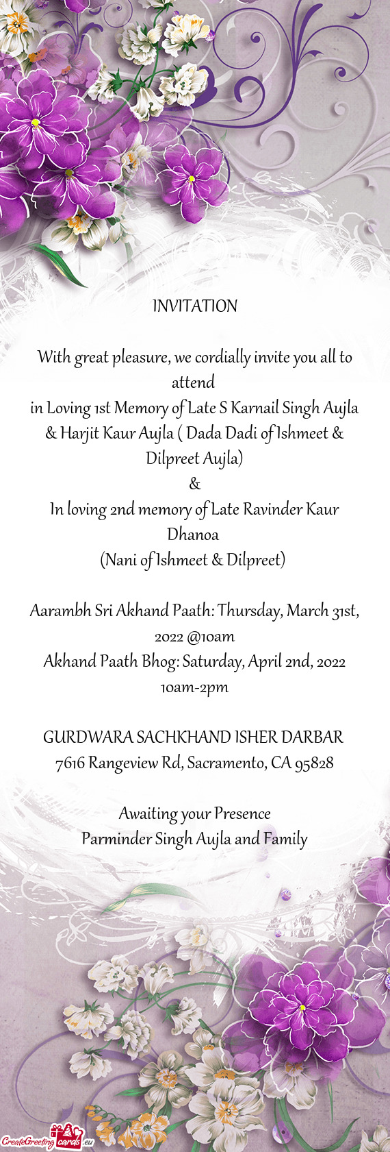 In Loving 1st Memory of Late S Karnail Singh Aujla & Harjit Kaur Aujla ( Dada Dadi of Ishmeet & Dilp