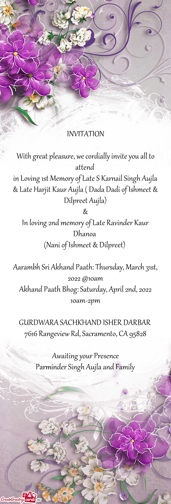 In Loving 1st Memory of Late S Karnail Singh Aujla & Late Harjit Kaur Aujla ( Dada Dadi of Ishmeet &