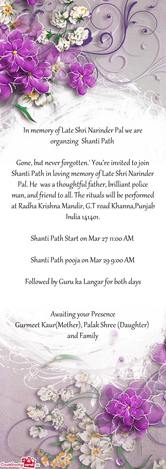 In memory of Late Shri Narinder Pal we are organzing Shanti Path