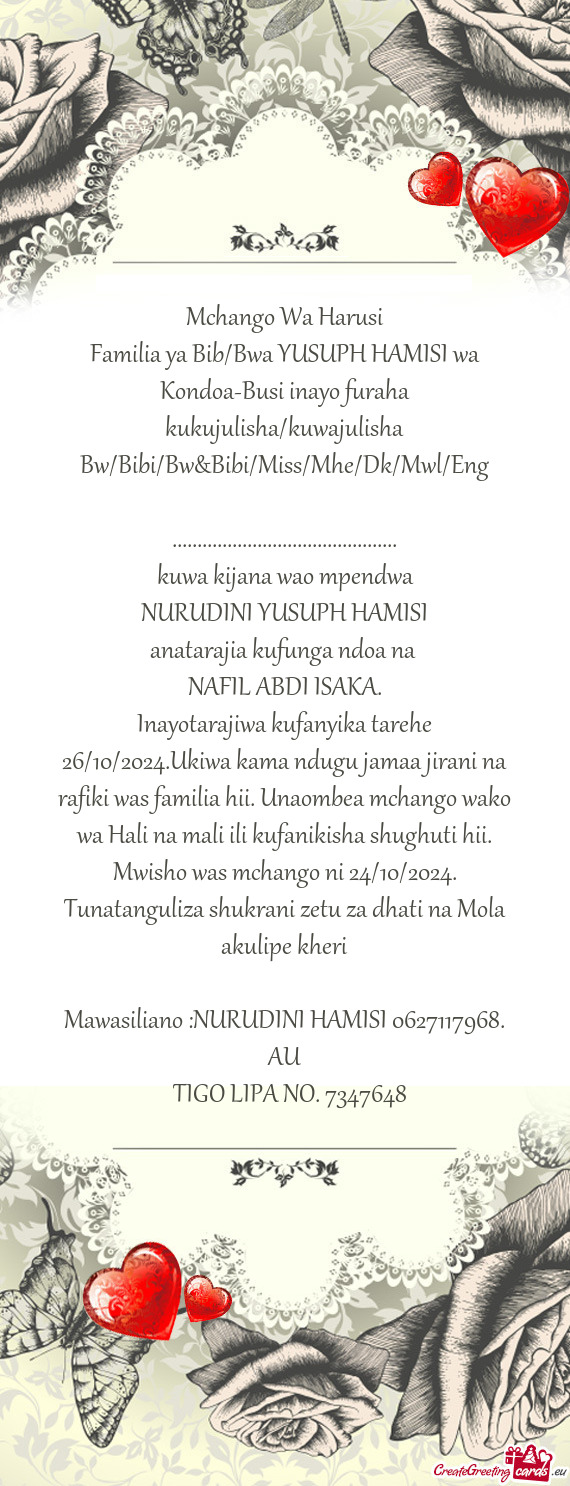 Inayotarajiwa kufanyika tarehe 26/10/2024.Ukiwa kama ndugu jamaa jirani na rafiki was familia hii. U