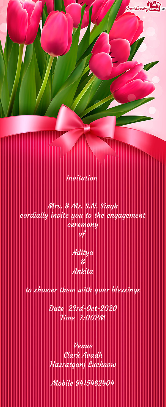 Invitation       Mrs. & Mr. S.N. Singh  cordially invite