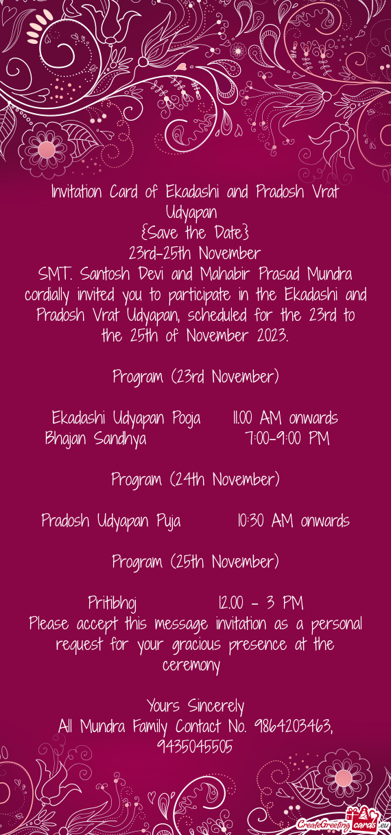 Invitation Card of Ekadashi and Pradosh Vrat Udyapan
