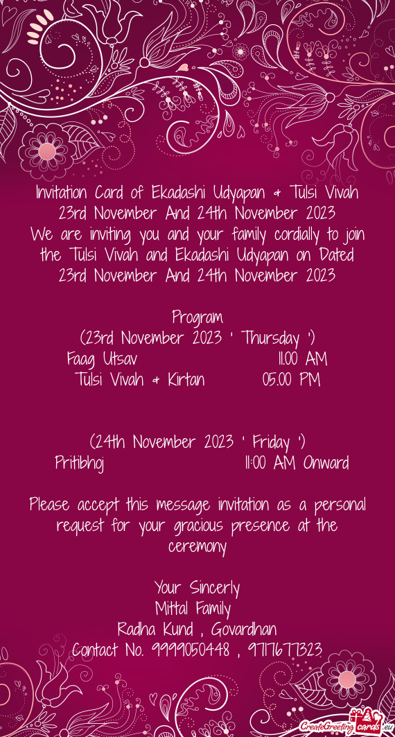 Invitation Card of Ekadashi Udyapan & Tulsi Vivah