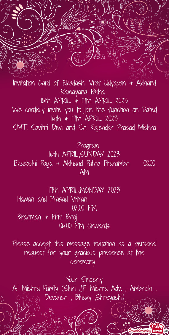 Invitation Card of Ekadashi Vrat Udyapan & Akhand Ramayana Patha