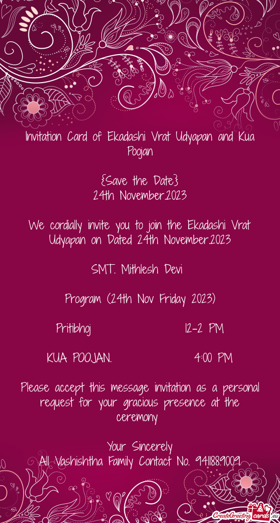 Invitation Card of Ekadashi Vrat Udyapan and Kua Poojan