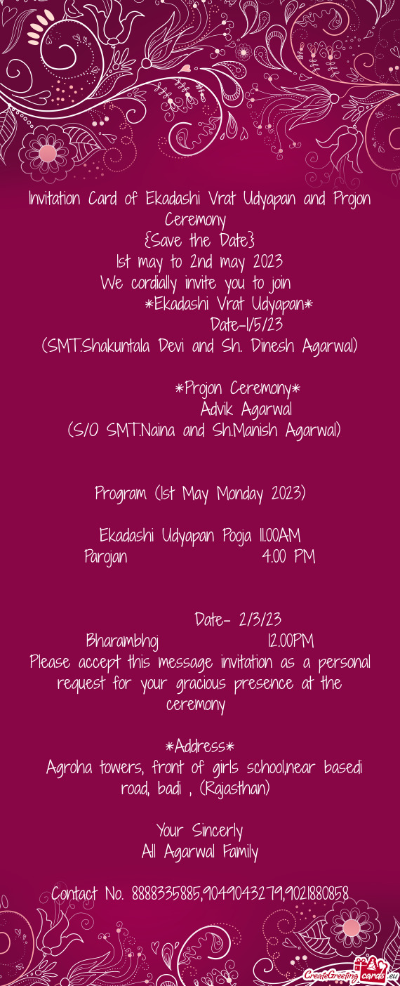 Invitation Card of Ekadashi Vrat Udyapan and Projon Ceremony